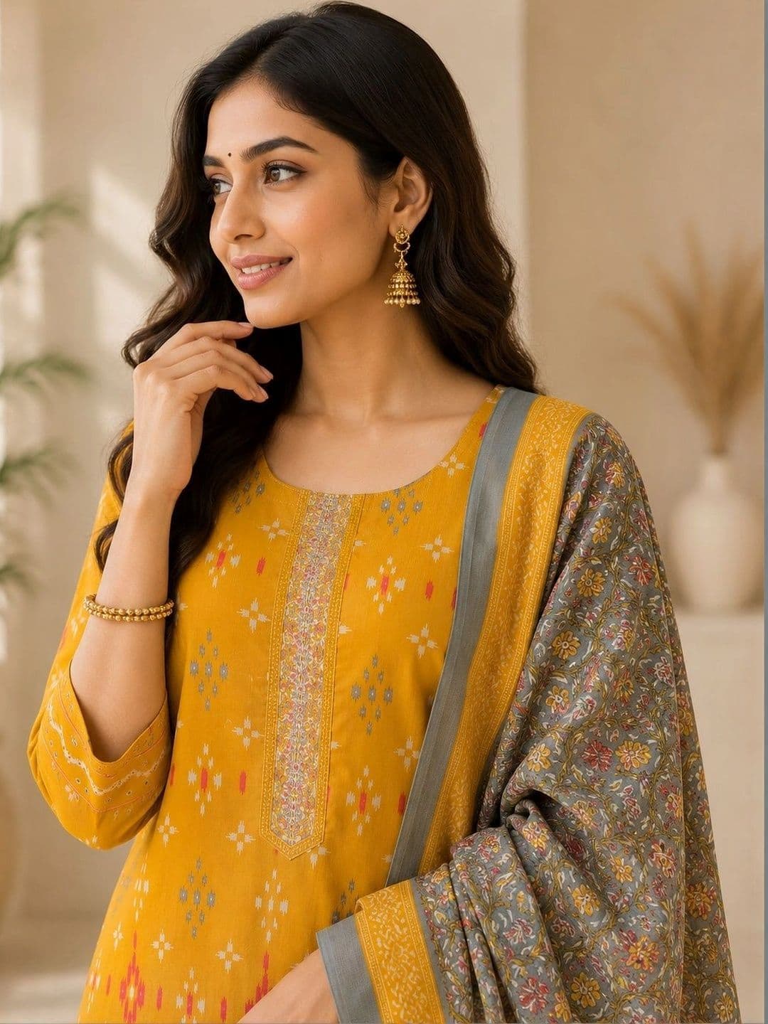 Anouk Women Ethnic Motifs Printed Regular Thread Work Pure Cotton Kurta with Trousers & With Dupatta - view 1