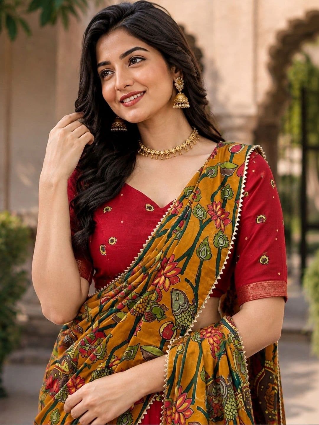 KALINI Embroidered Kalamkari Ready to Wear Lehenga & Unstitched Blouse With Dupatta thumbnail 2