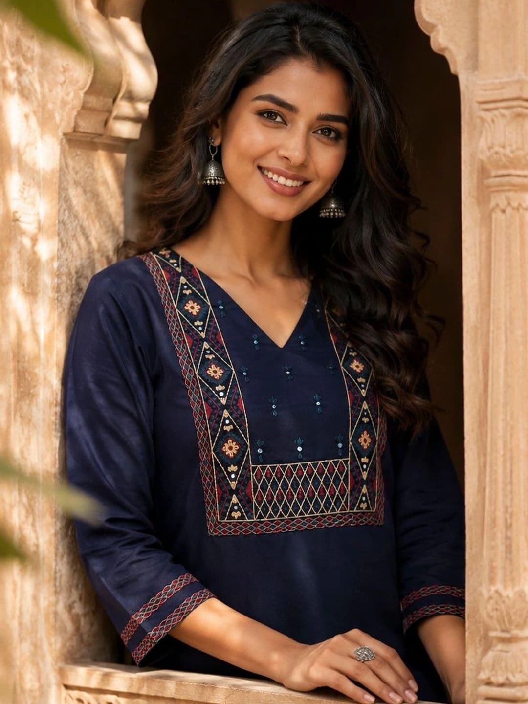 BANSARI COLLECTION Women Ethnic Motifs Embroidered Regular Thread Work Pure Cotton Kurta with Palazzos thumbnail 3