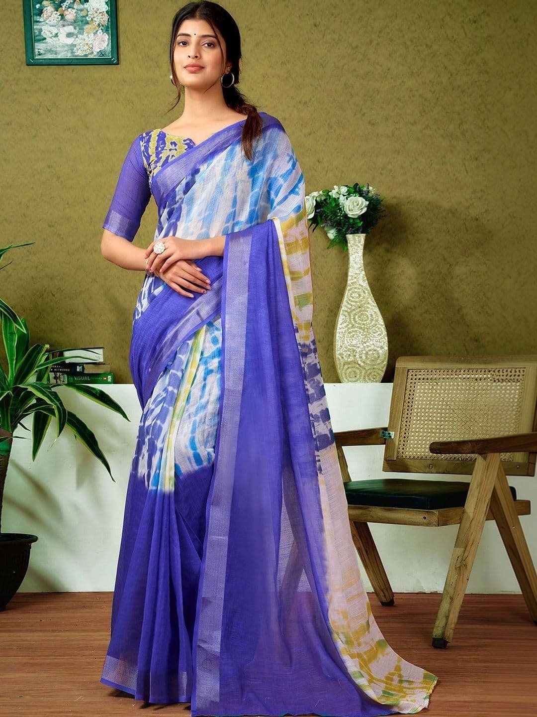 Satrani Tie and Dye Zari Pure Linen Designer Saree - view 1