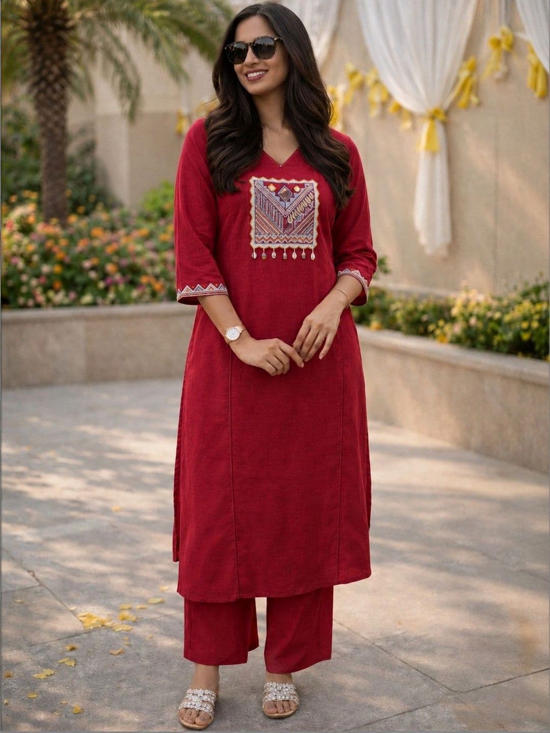 Moda Rapido Women Ethnic Motifs Embroidered Regular Thread Work Pure Cotton Kurta with Palazzos thumbnail 3