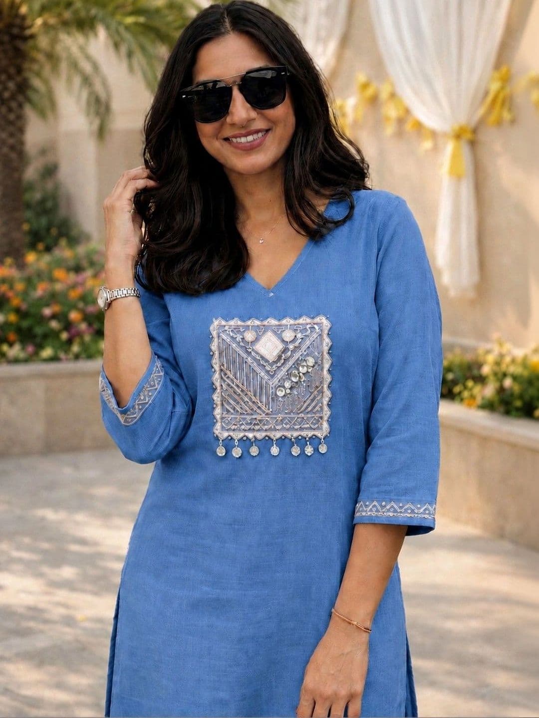 Moda Rapido Women Ethnic Motifs Embroidered Regular Thread Work Pure Cotton Kurta with Palazzos thumbnail 3