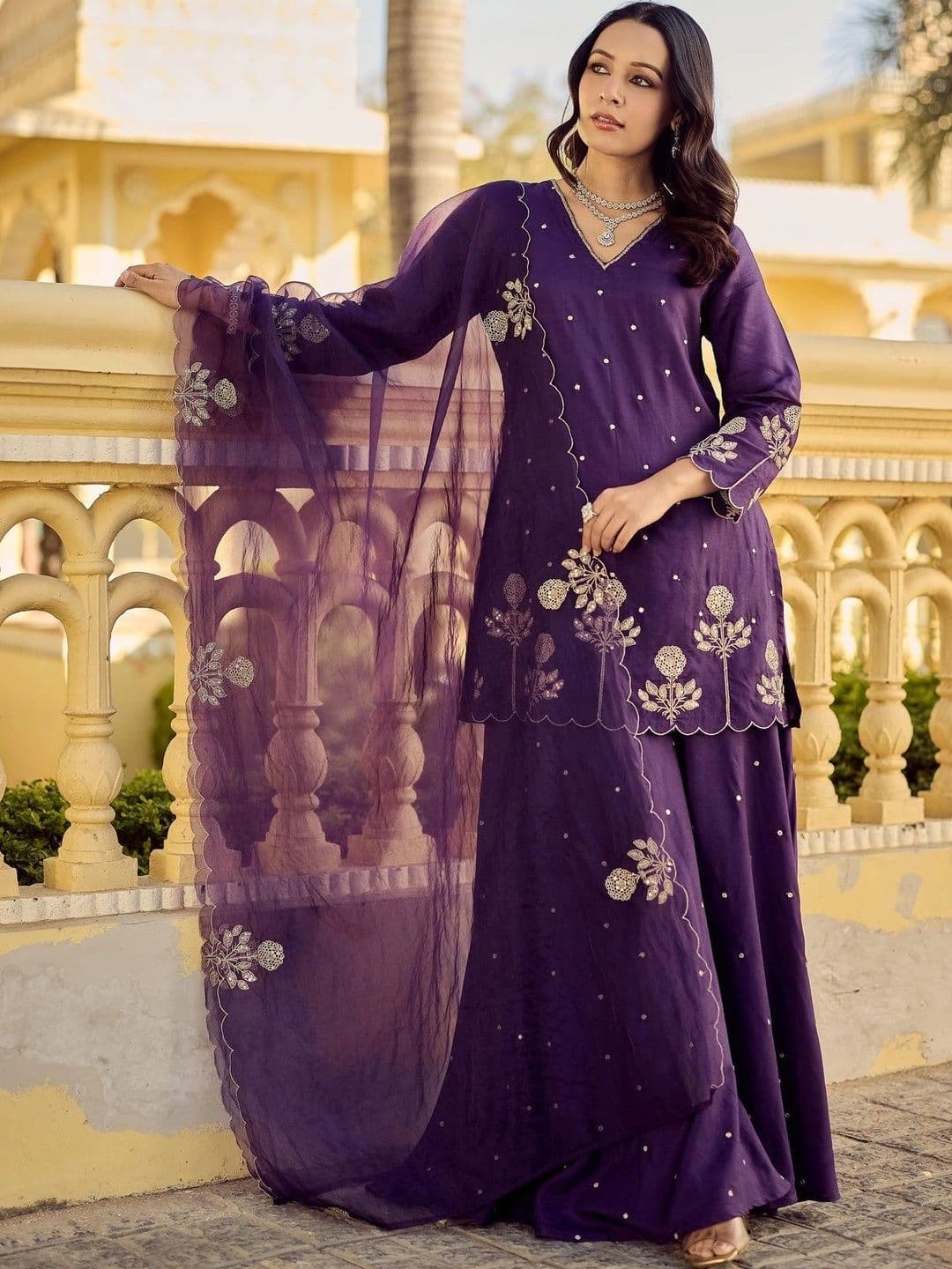 Aeristo Women Ethnic Motifs Embroidered Regular Thread Work Chanderi Silk Kurta with Sharara & With Dupatta thumbnail 4