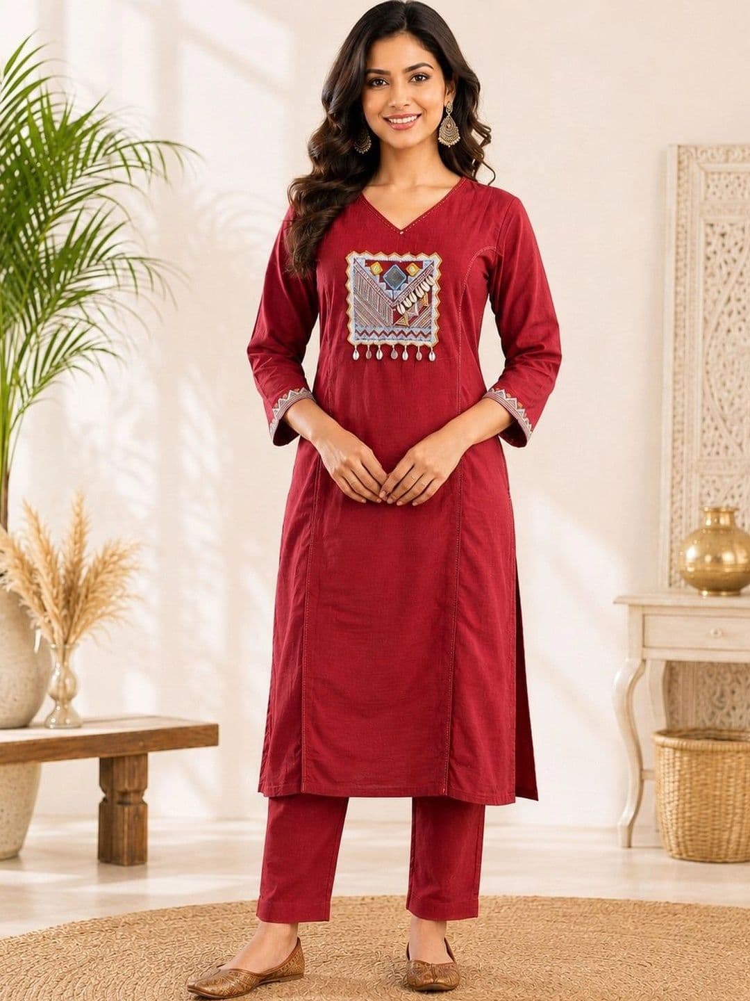 DIVASTRI Women Ethnic Motifs Embroidered Regular Mirror Work Pure Cotton Kurta with Trousers - view 1