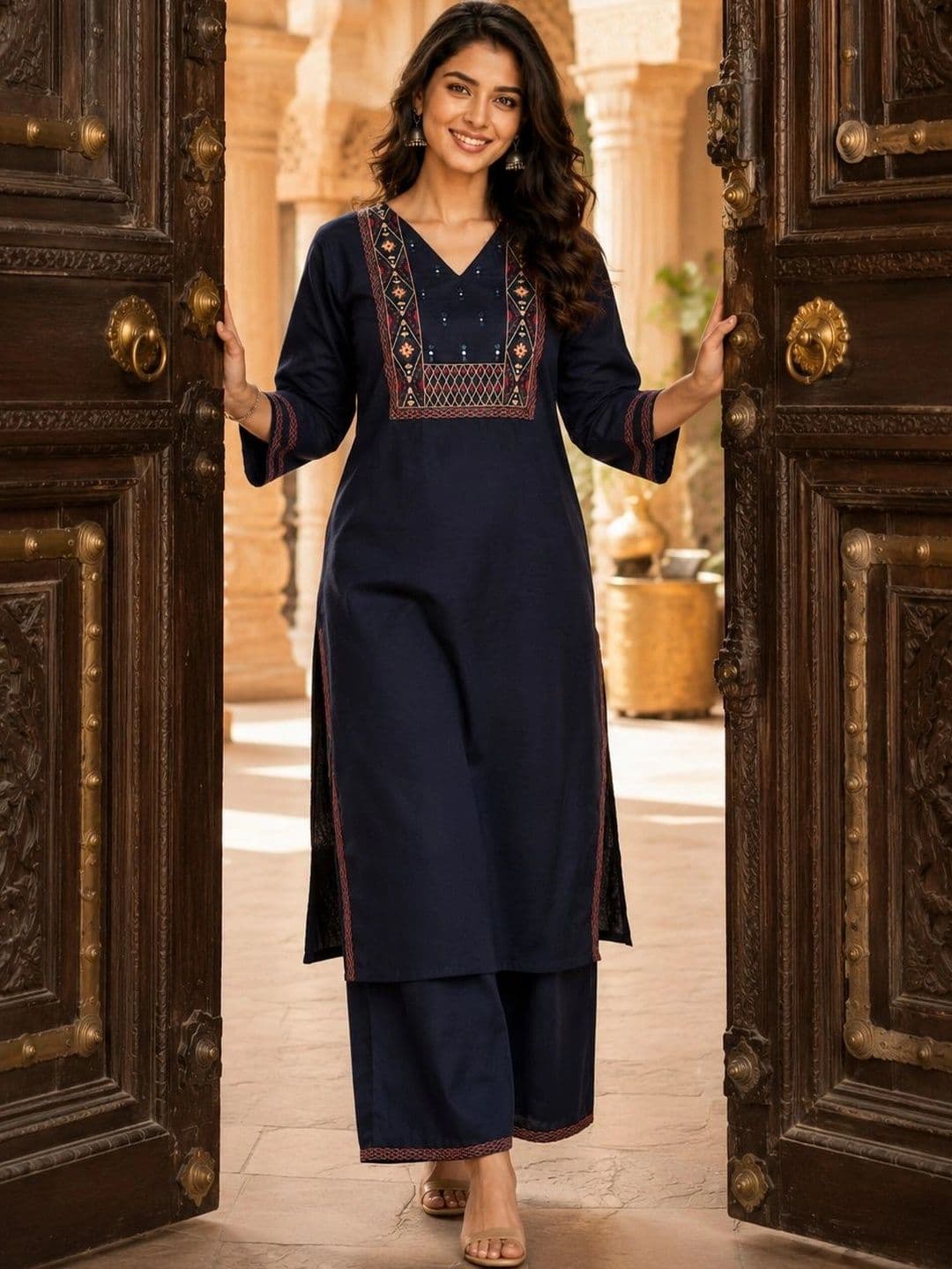 BANSARI COLLECTION Women Ethnic Motifs Embroidered Regular Thread Work Pure Cotton Kurta with Palazzos thumbnail 4