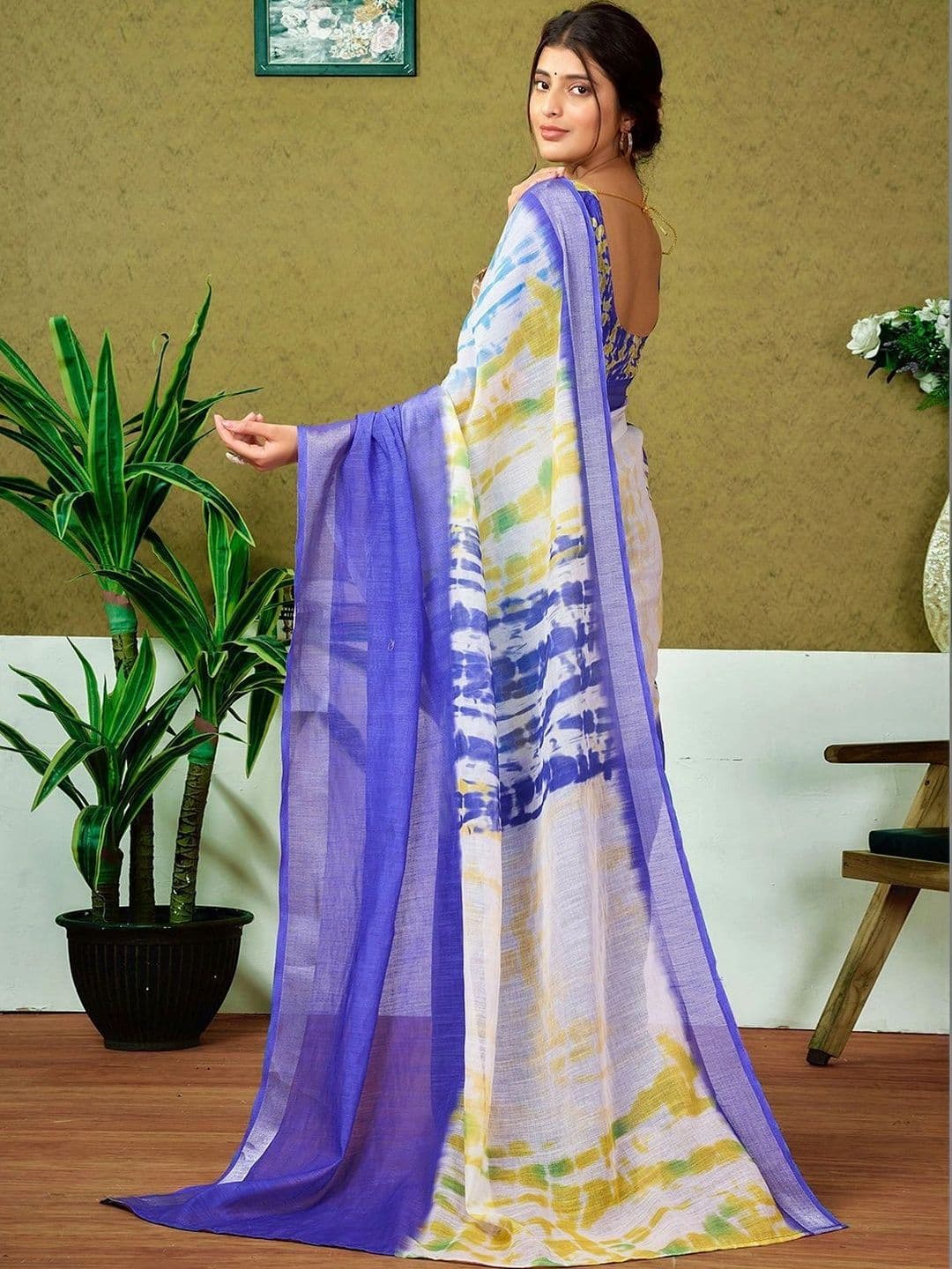Satrani Tie and Dye Zari Pure Linen Designer Saree thumbnail 6