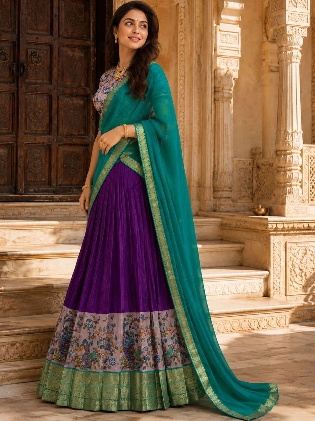 KALINI Printed Ready to Wear Lehenga & Unstitched Blouse With Dupatta thumbnail 2