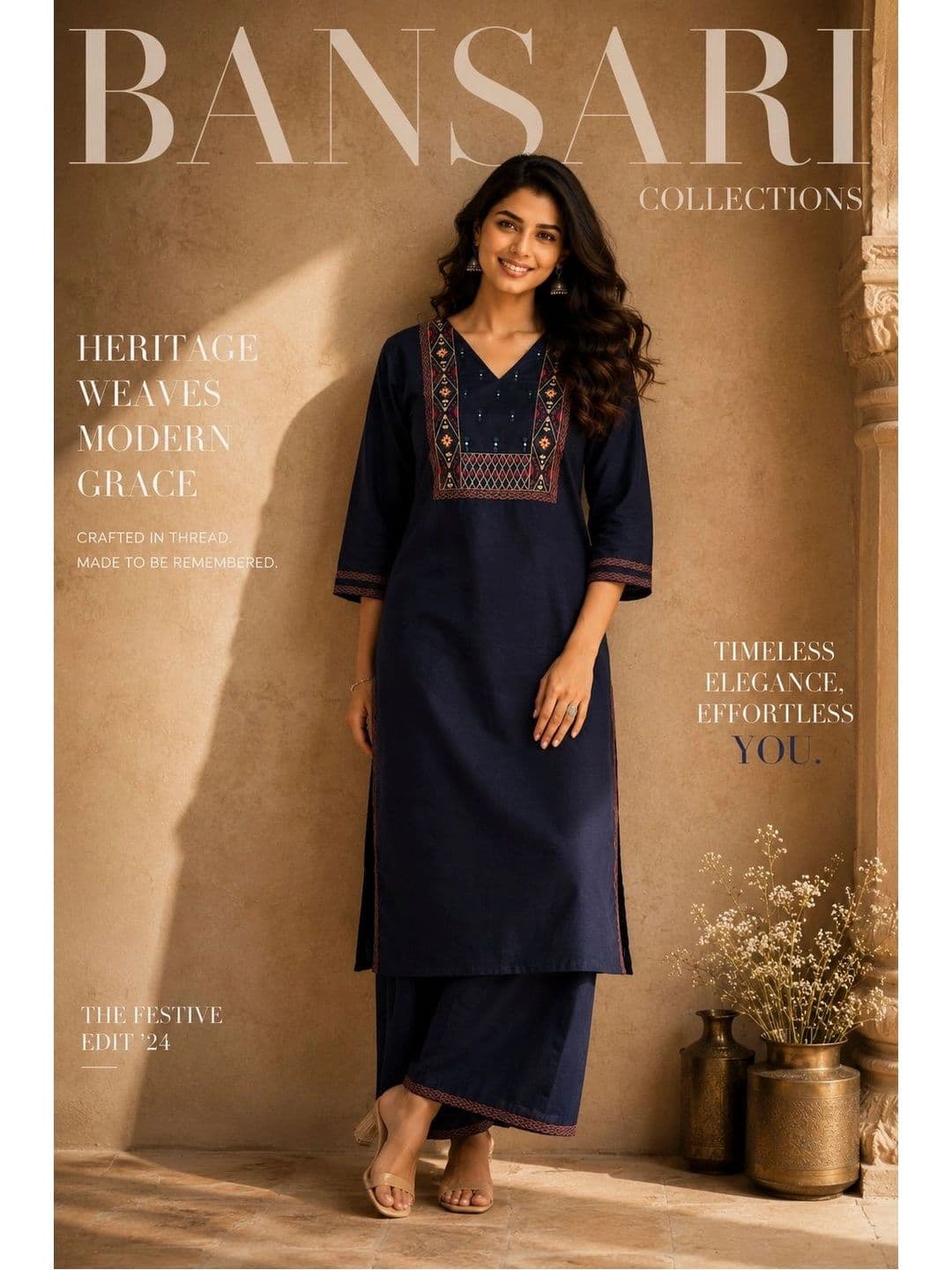 BANSARI COLLECTION Women Ethnic Motifs Embroidered Regular Thread Work Pure Cotton Kurta with Palazzos thumbnail 2