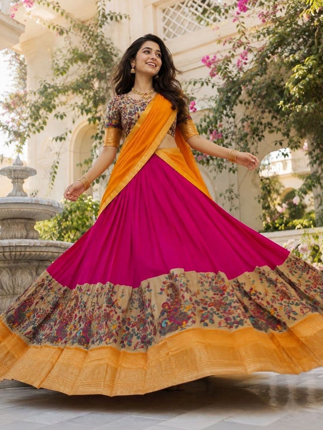 KALINI Printed Kalamkari Ready to Wear Lehenga & Unstitched Blouse With Dupatta thumbnail 3
