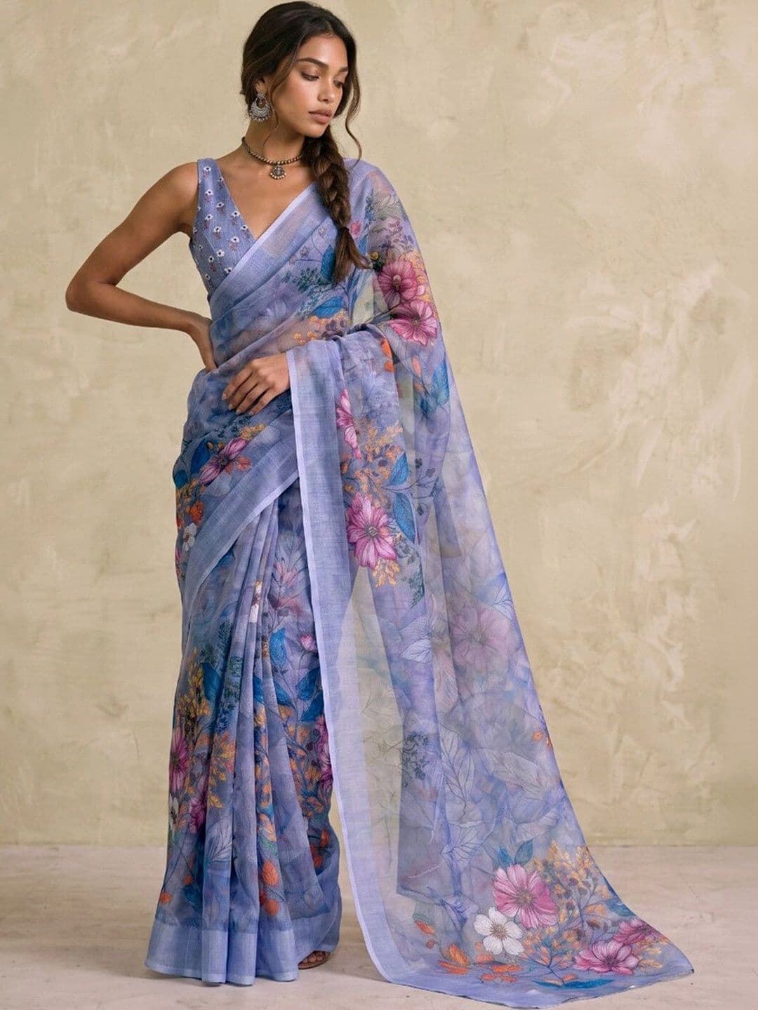 Saara  Printed Light Blue Linen Ready to wear saree for Women With Unstiched Blouse thumbnail 7