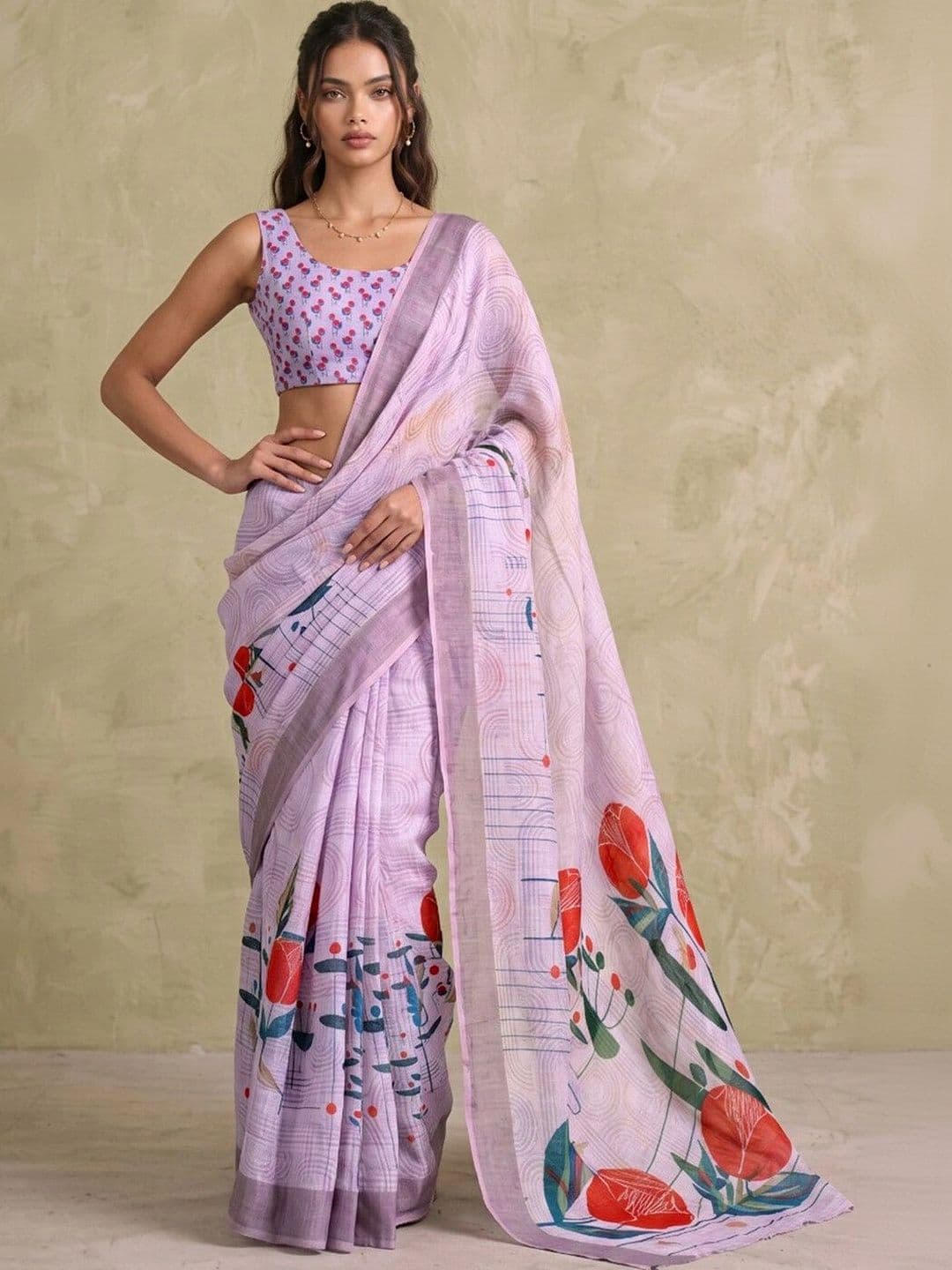 Saara  Printed Dusty Mauve Linen Ready to wear saree for Women With Unstiched Blouse thumbnail 2