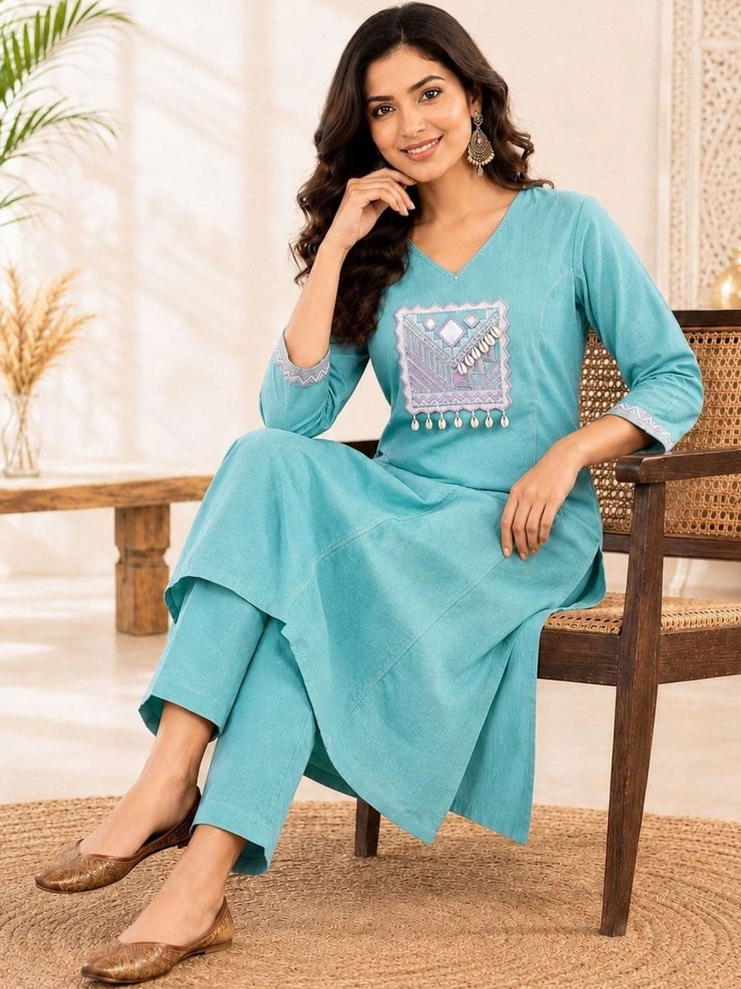 Sangria Women Ethnic Motifs Embroidered Regular Mirror Work Pure Cotton Kurta with Trousers thumbnail 4