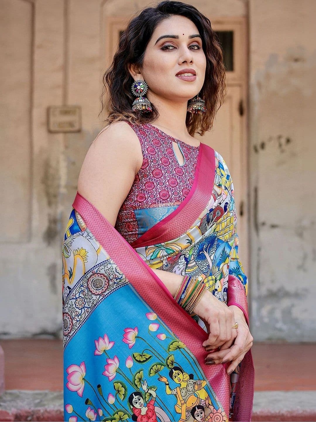 Satrani Kalamkari Zari Silk Blend Designer Saree thumbnail 3
