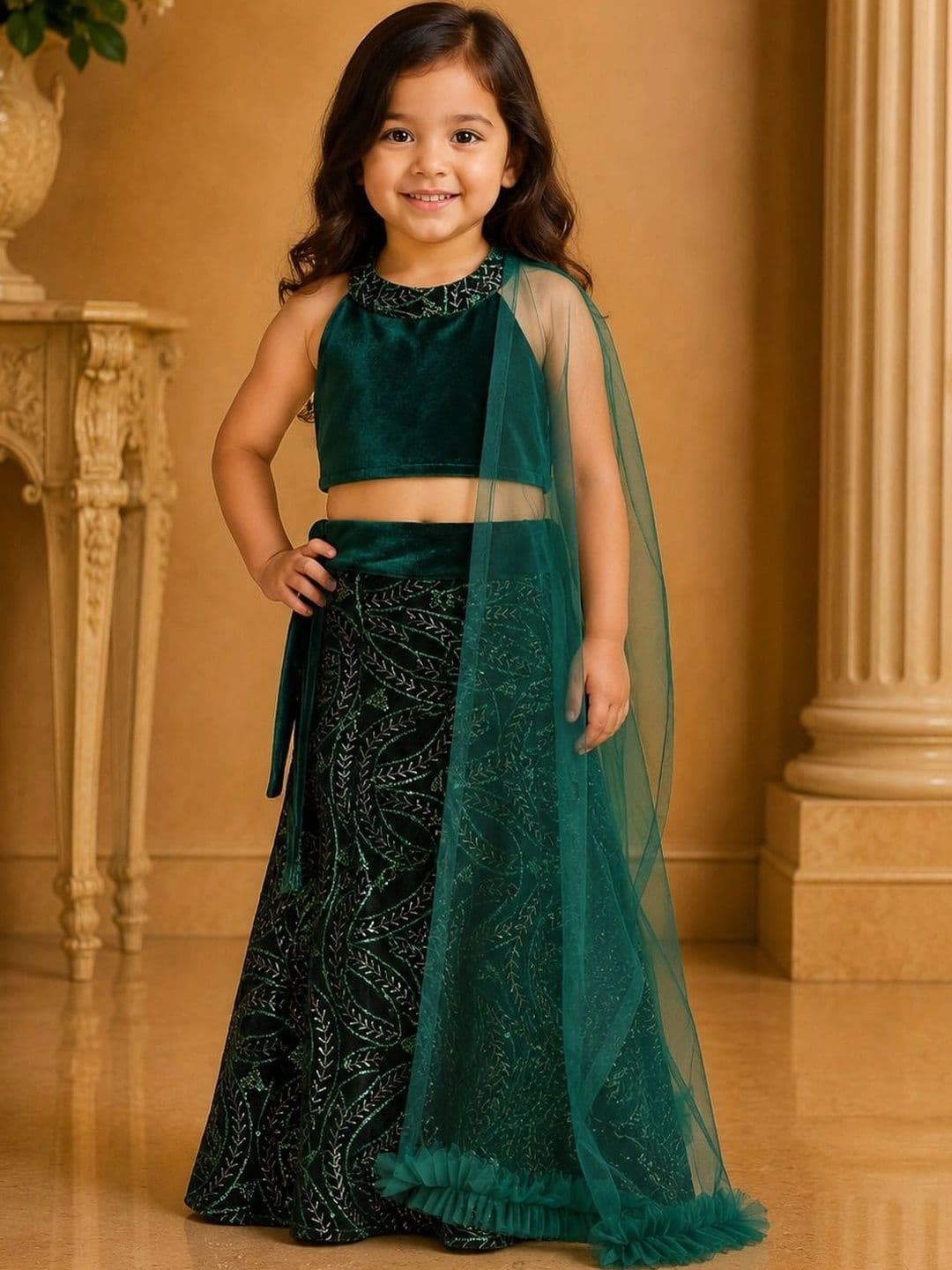 Spaarsh Unisex Kids Embellished Sequinned Ready to Wear Lehenga & Blouse With Dupatta - view 1
