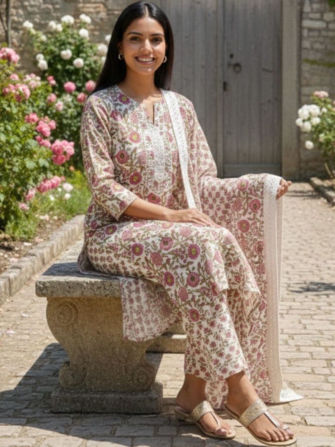 Varanga Women Floral Printed Regular Pure Cotton Kurta with Trousers & With Dupatta thumbnail 2