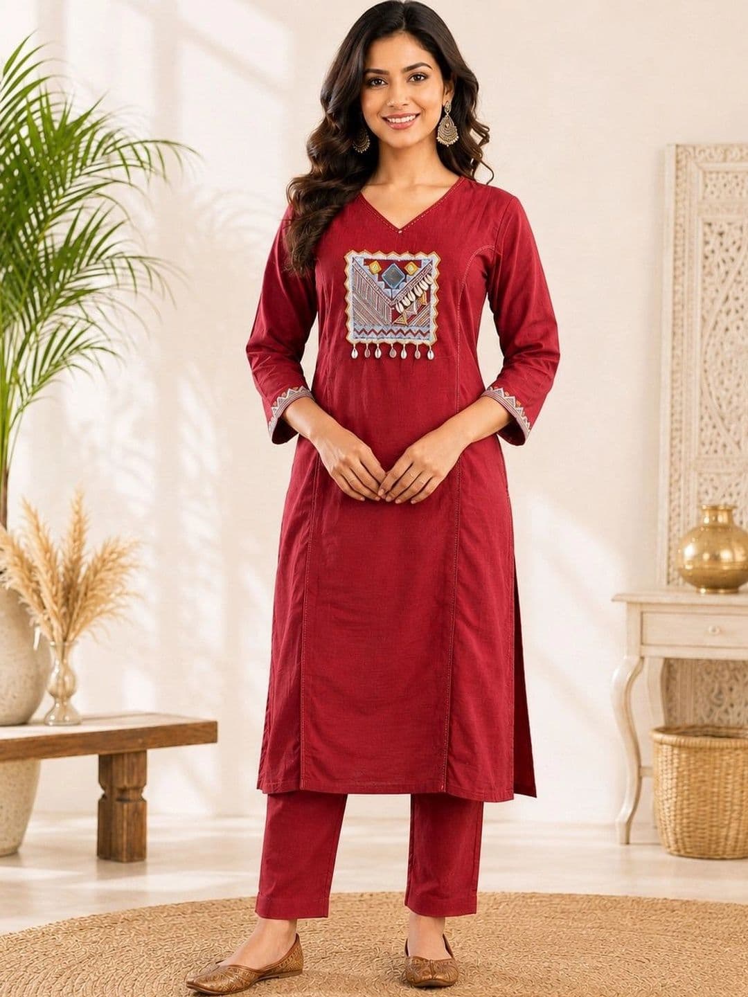 Sangria Women Ethnic Motifs Embroidered Regular Mirror Work Pure Cotton Kurta with Trousers - view 1