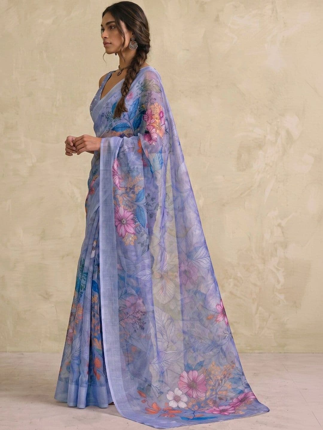 Saara  Printed Light Blue Linen Ready to wear saree for Women With Unstiched Blouse thumbnail 5