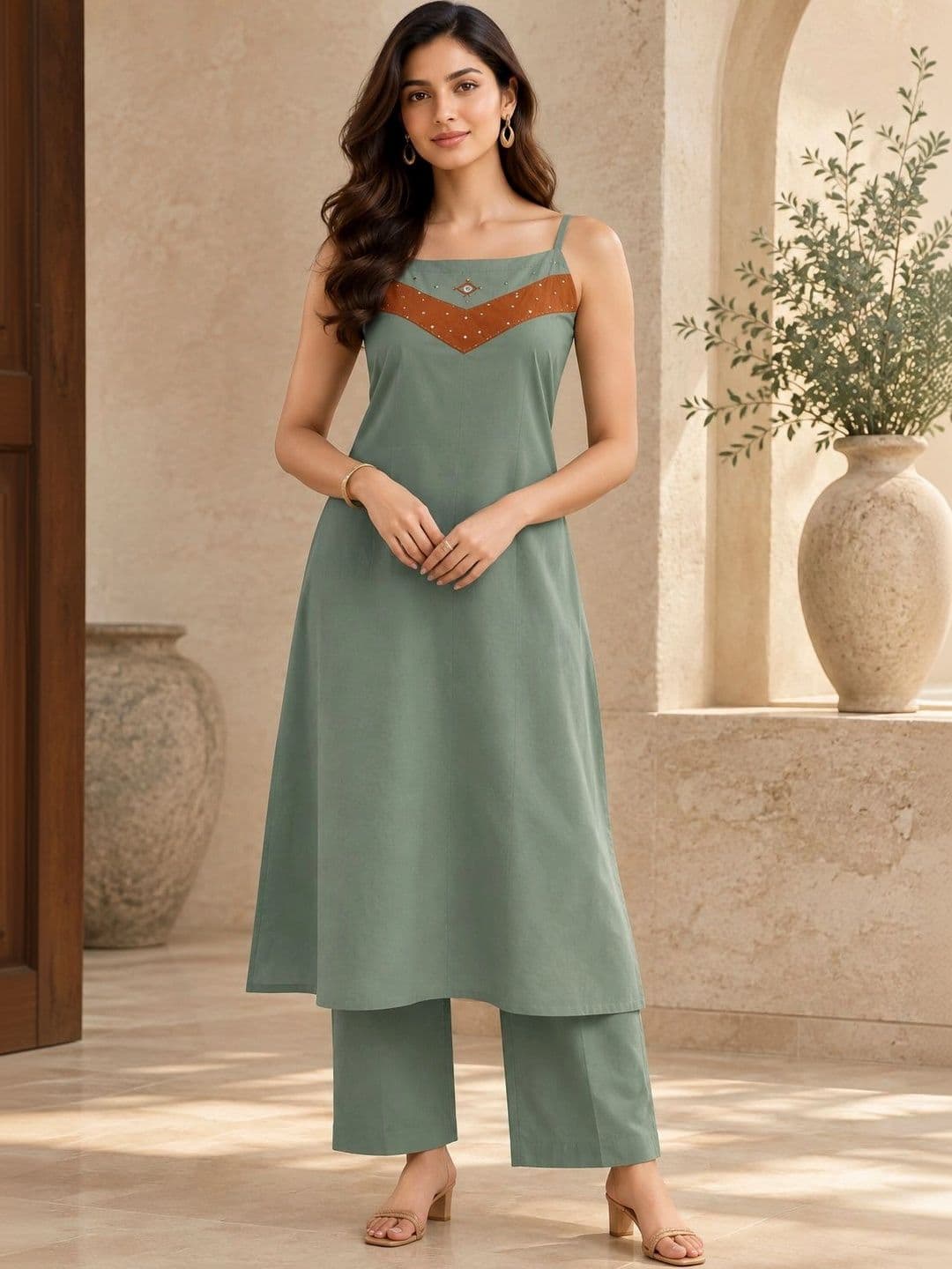 BANSARI COLLECTION Women Ethnic Motifs Regular Beads and Stones Pure Cotton Kurta with Trousers - view 1