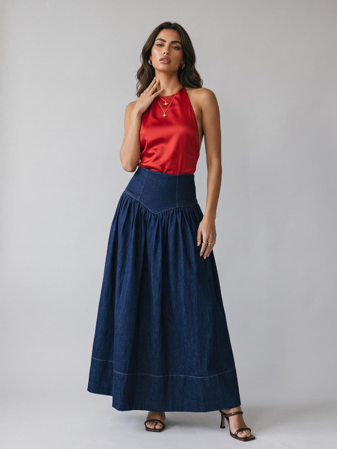 Phosphorus Navy Blue Denim Maxi A-Line Skirt thumbnail 4