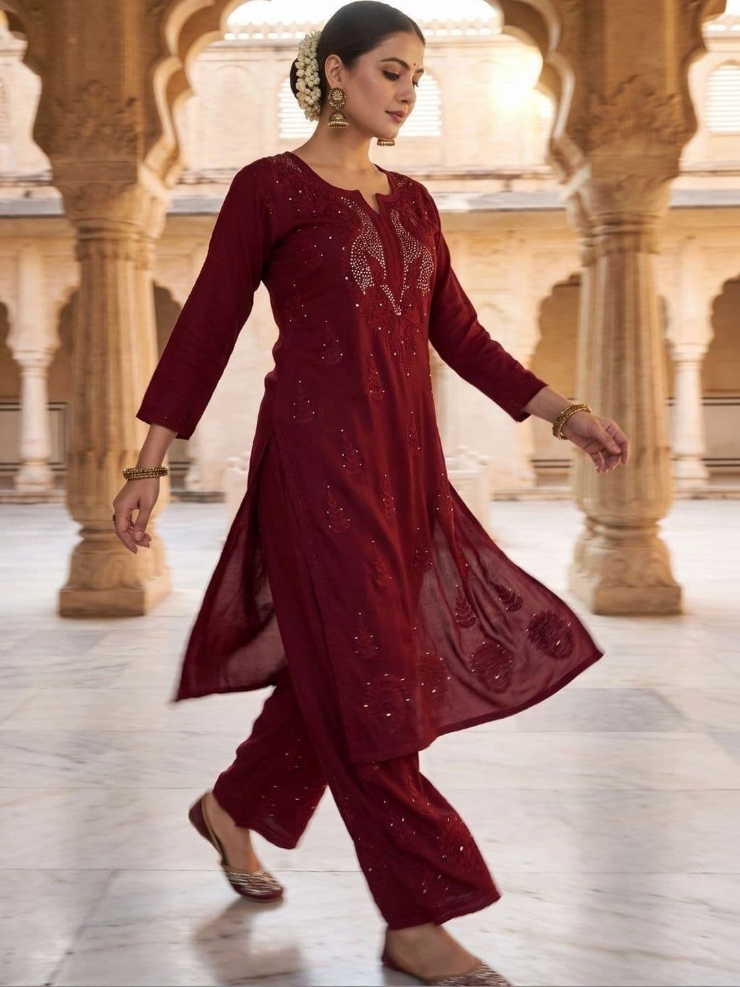 Meiraas Studios Women Ethnic Motifs Embroidered Regular Thread Work Kurta with Palazzos thumbnail 2