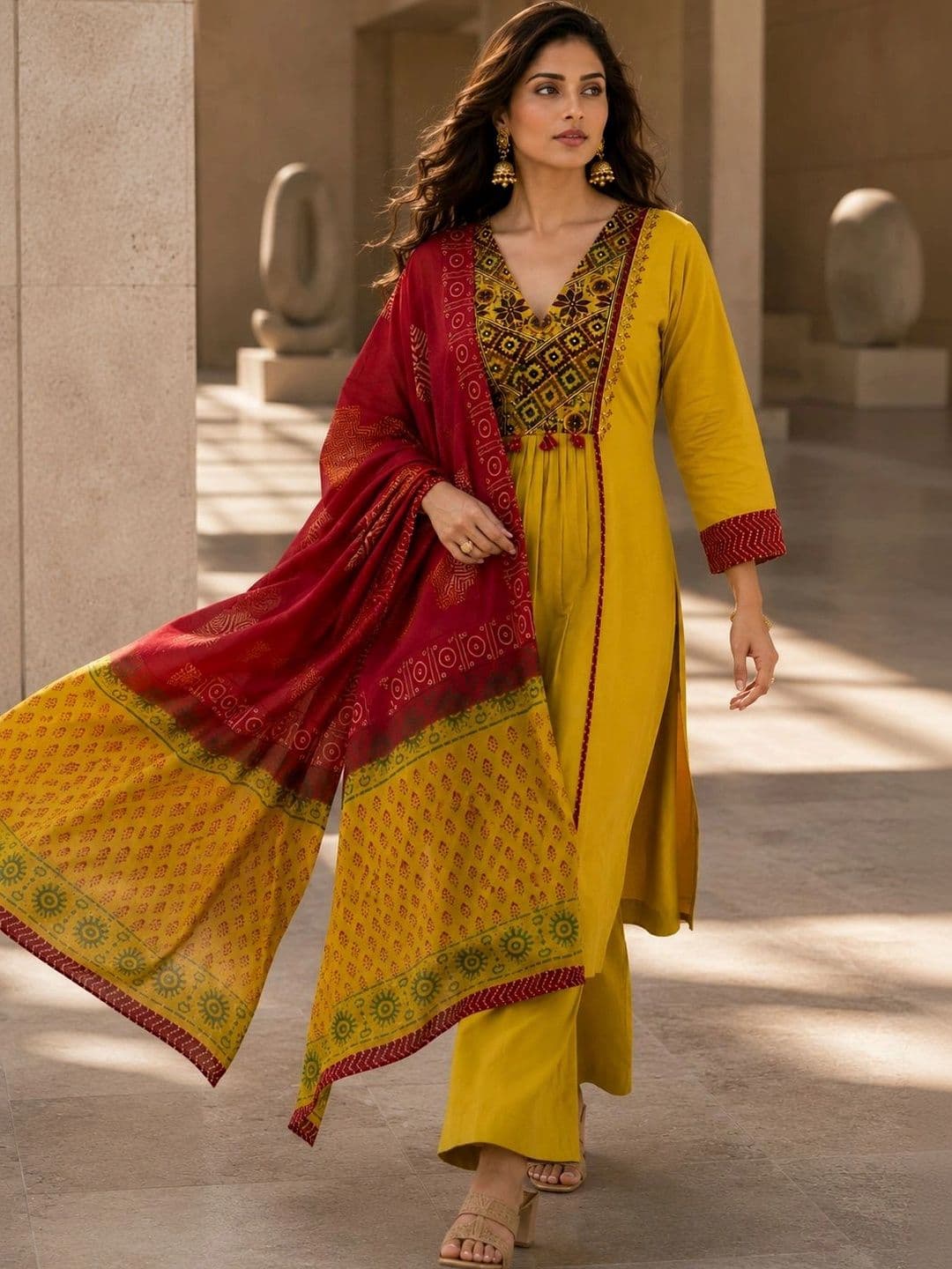 BANSARI COLLECTION Women Ethnic Motifs Embroidered Empire Mirror Work Pure Cotton Kurta with Palazzos & With thumbnail 4