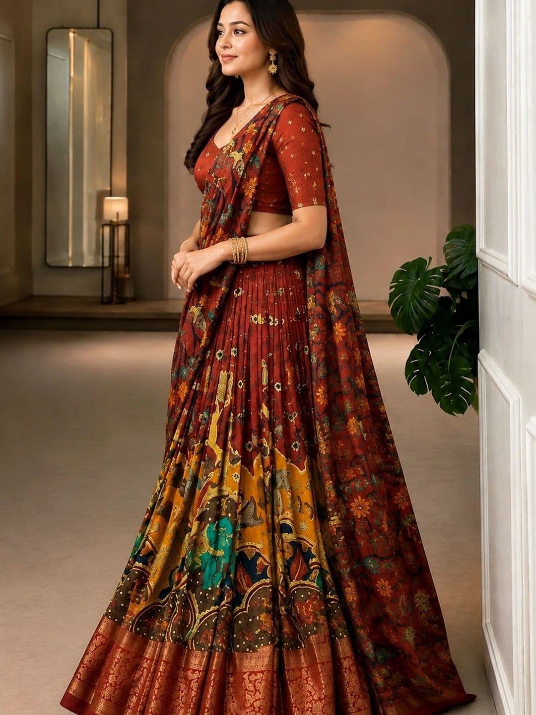 KALINI Printed Ready to Wear Lehenga & Unstitched Blouse With Dupatta thumbnail 2