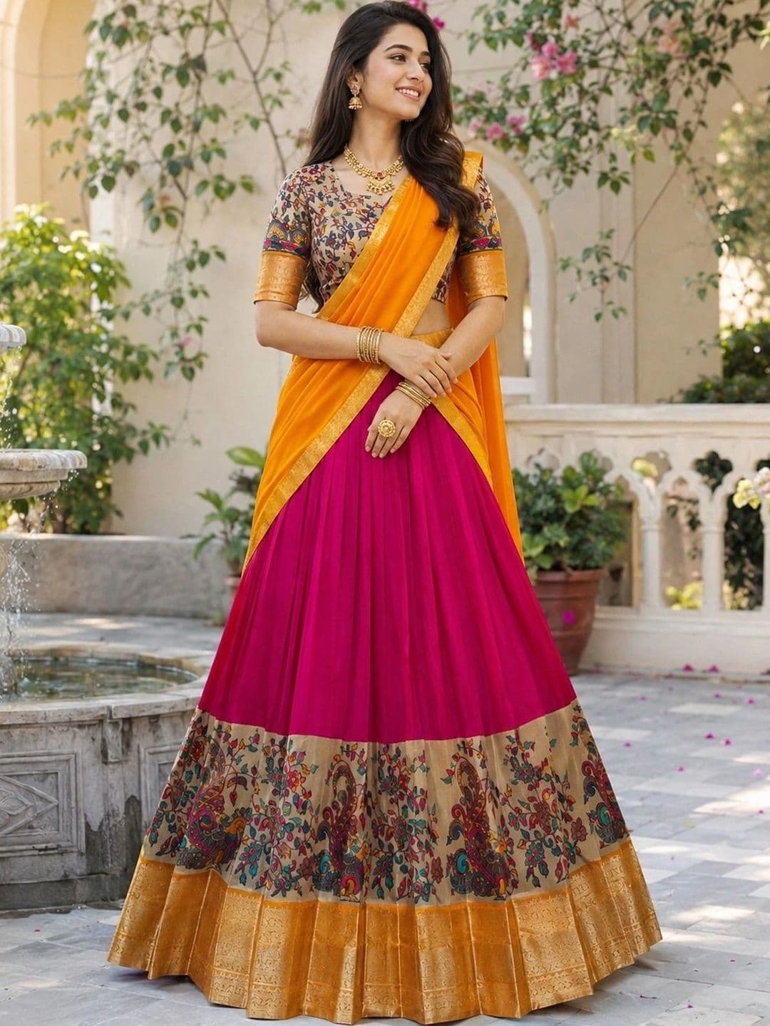 KALINI Printed Kalamkari Ready to Wear Lehenga & Unstitched Blouse With Dupatta - view 1