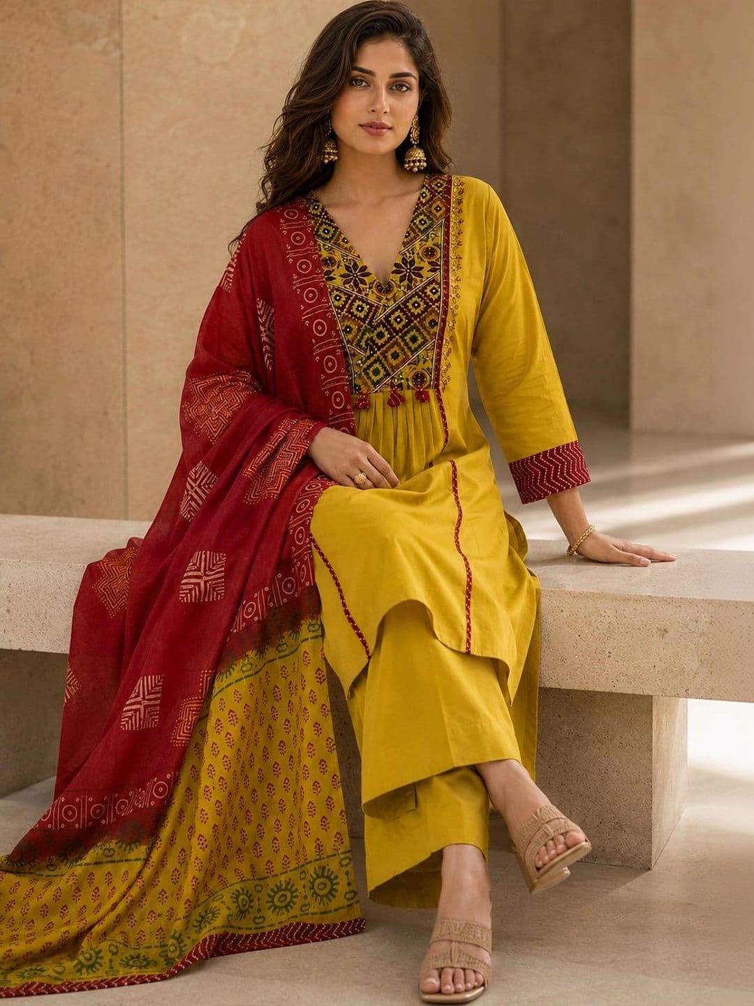 BANSARI COLLECTION Women Ethnic Motifs Embroidered Empire Mirror Work Pure Cotton Kurta with Palazzos & With thumbnail 2