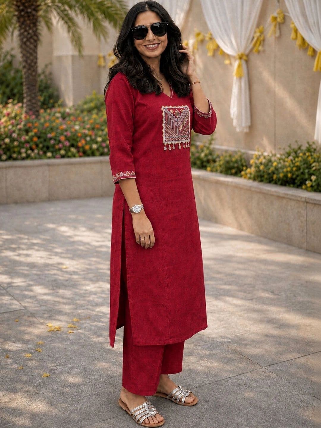 Moda Rapido Women Ethnic Motifs Embroidered Regular Thread Work Pure Cotton Kurta with Palazzos - view 1