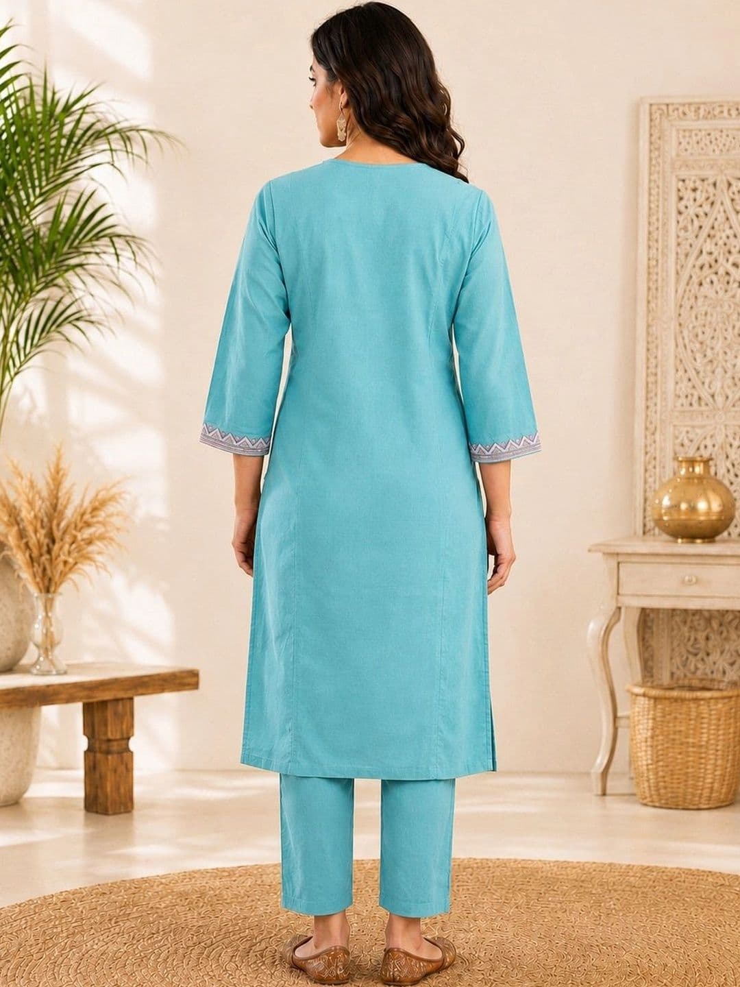 Sangria Women Ethnic Motifs Embroidered Regular Mirror Work Pure Cotton Kurta with Trousers thumbnail 2