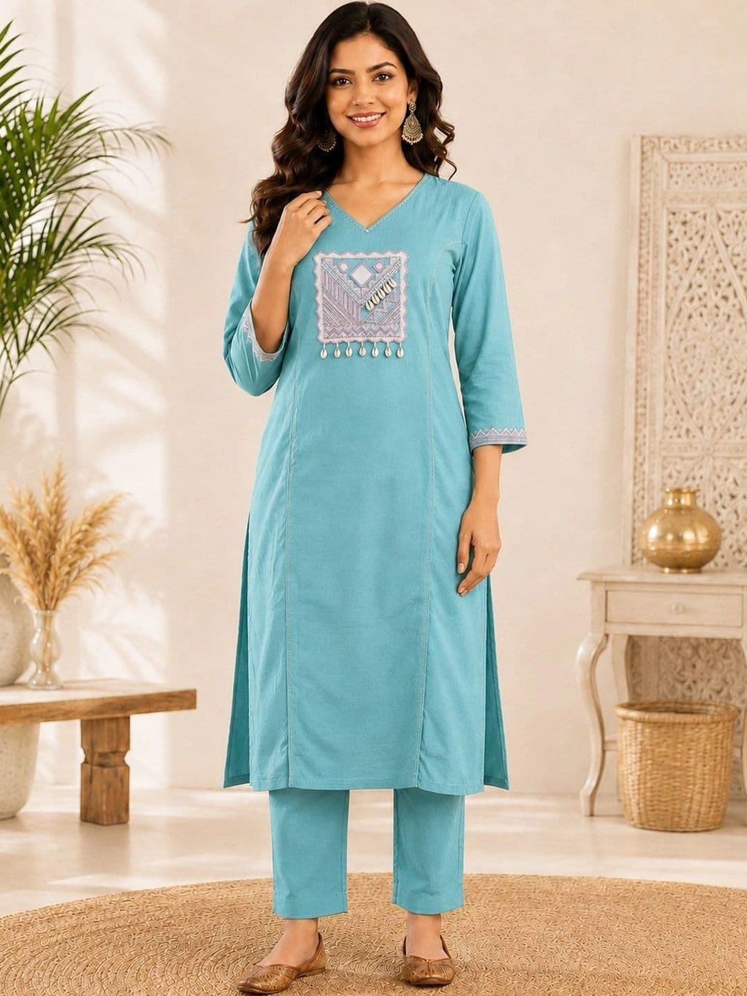 Sangria Women Ethnic Motifs Embroidered Regular Mirror Work Pure Cotton Kurta with Trousers thumbnail 5