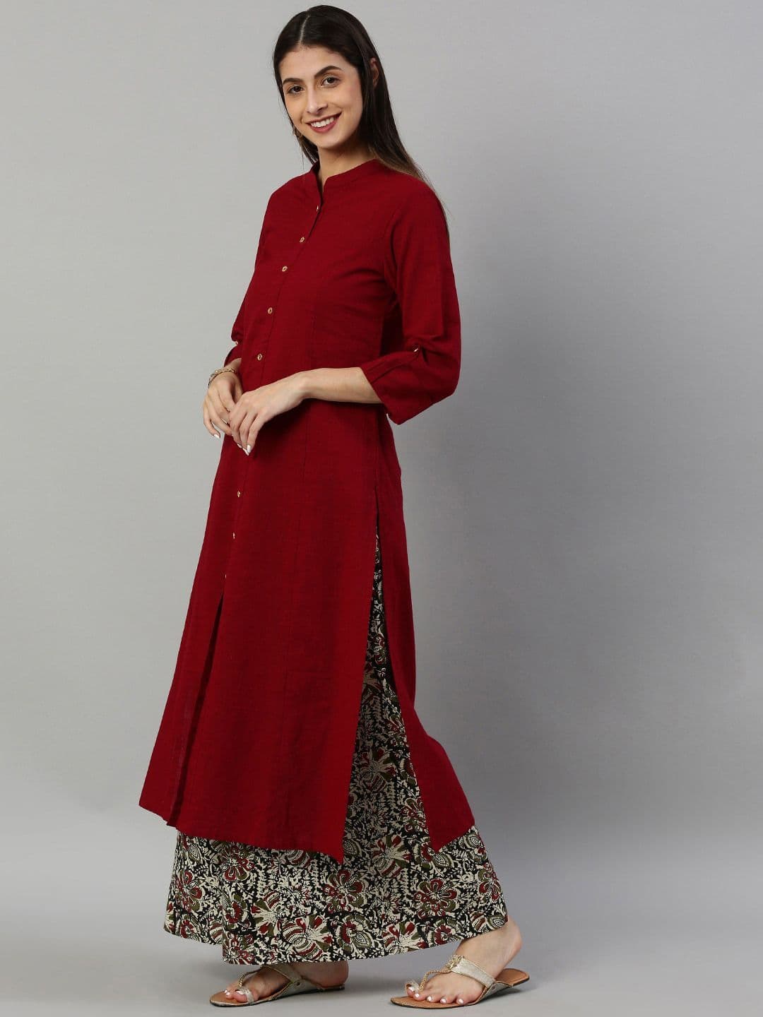 KALINI Mandarin Collar Roll-Up Sleeves Pure Cotton Straight Kurta With Printed Palazzo thumbnail 5