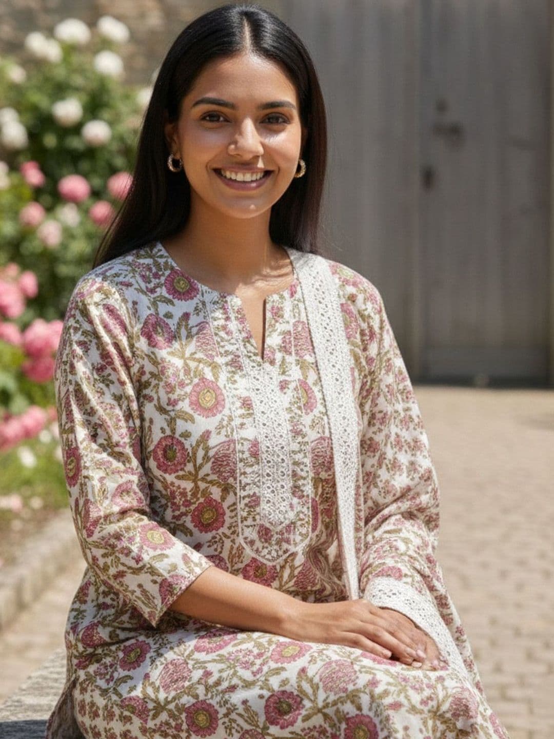 Varanga Women Floral Printed Regular Pure Cotton Kurta with Trousers & With Dupatta thumbnail 7