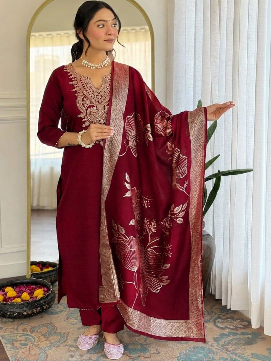 FIC FUSION CULTURE Women Ethnic Motifs Embroidered Regular Kurta with Trousers & With Dupatta thumbnail 2