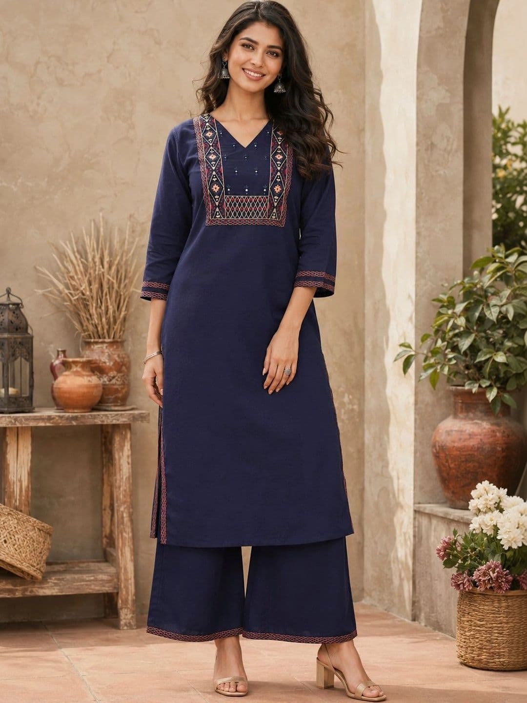 BANSARI COLLECTION Women Ethnic Motifs Embroidered Regular Thread Work Pure Cotton Kurta with Palazzos - view 1