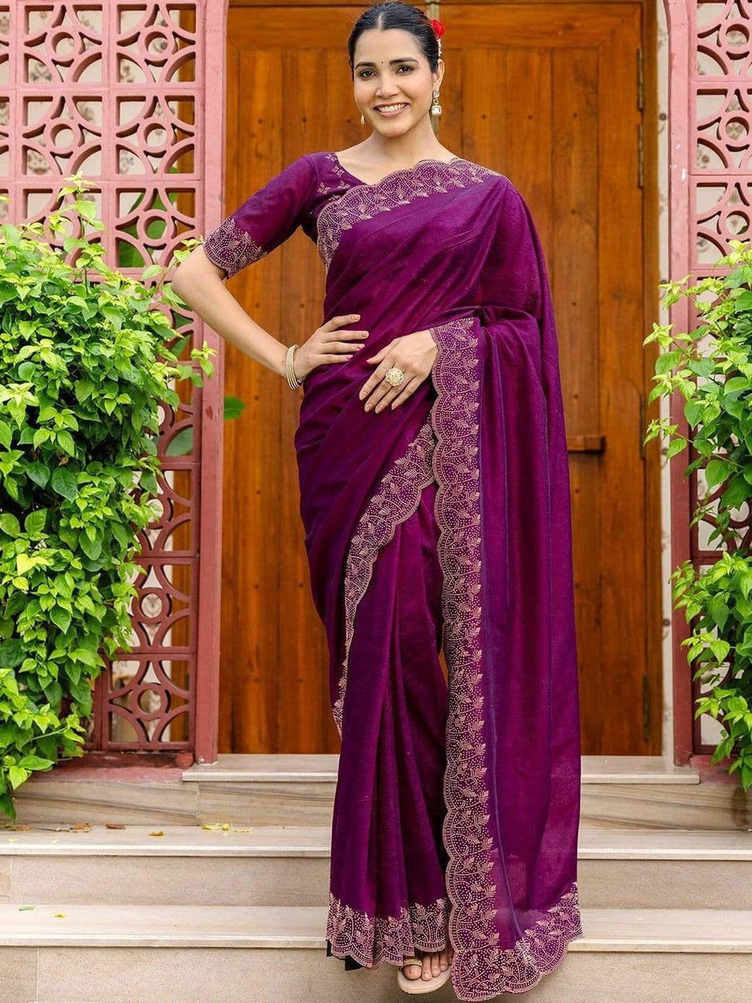 Satrani Embellished Beads and Stones Tissue Designer Saree - view 1