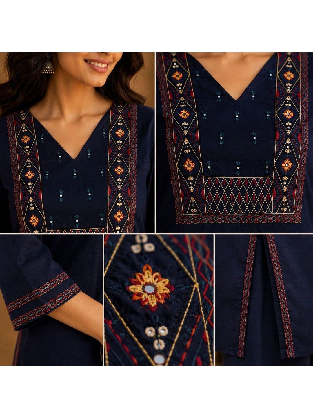 BANSARI COLLECTION Women Ethnic Motifs Embroidered Regular Thread Work Pure Cotton Kurta with Palazzos thumbnail 7