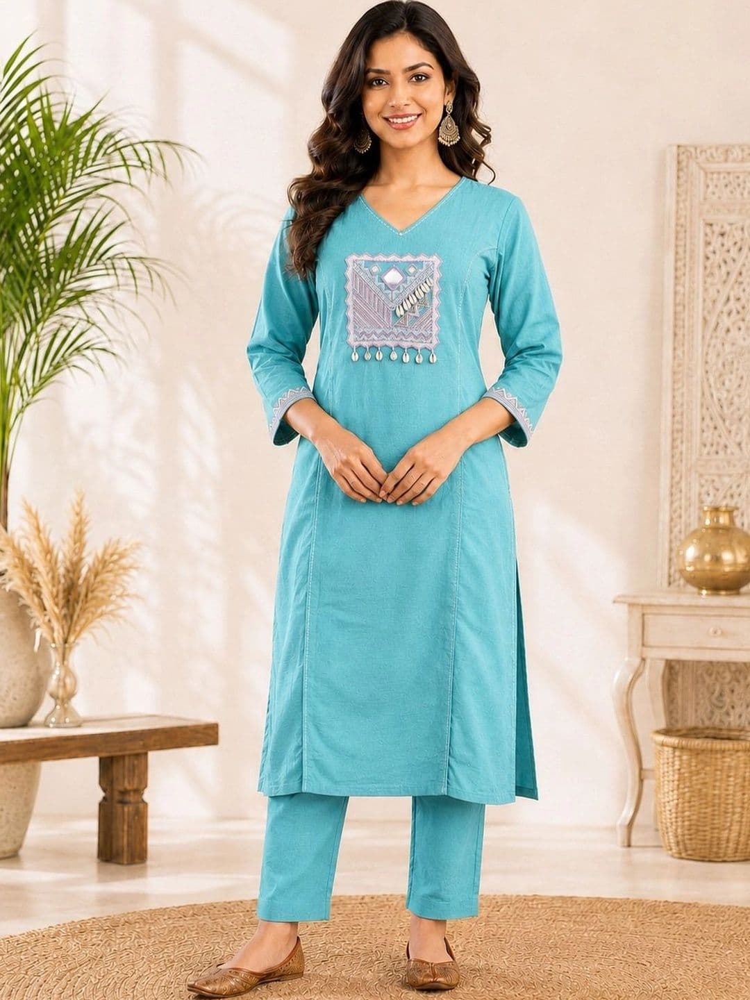 DIVASTRI Women Ethnic Motifs Embroidered Regular Mirror Work Pure Cotton Kurta with Trousers - view 1