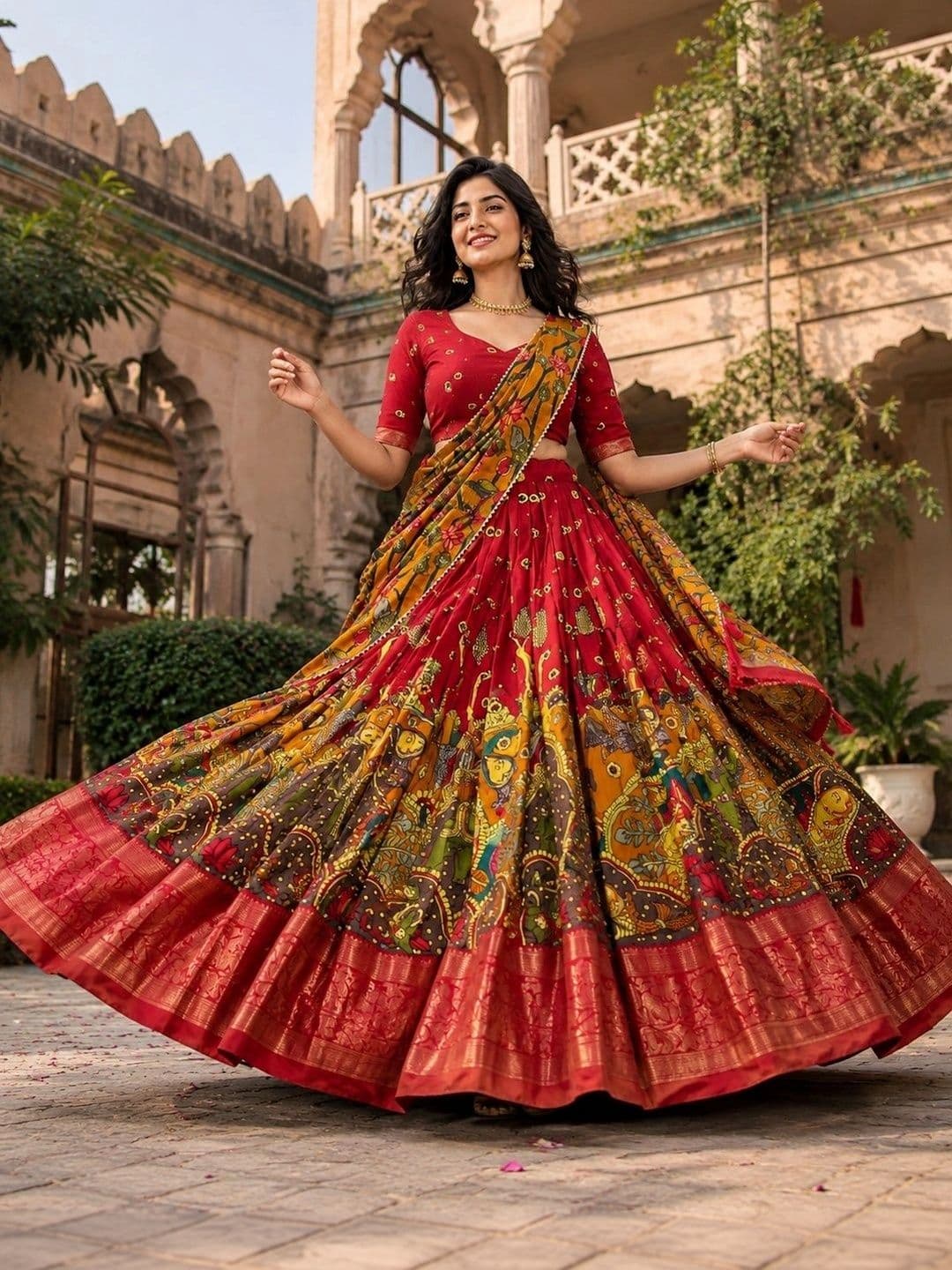 KALINI Embroidered Kalamkari Ready to Wear Lehenga & Unstitched Blouse With Dupatta thumbnail 6