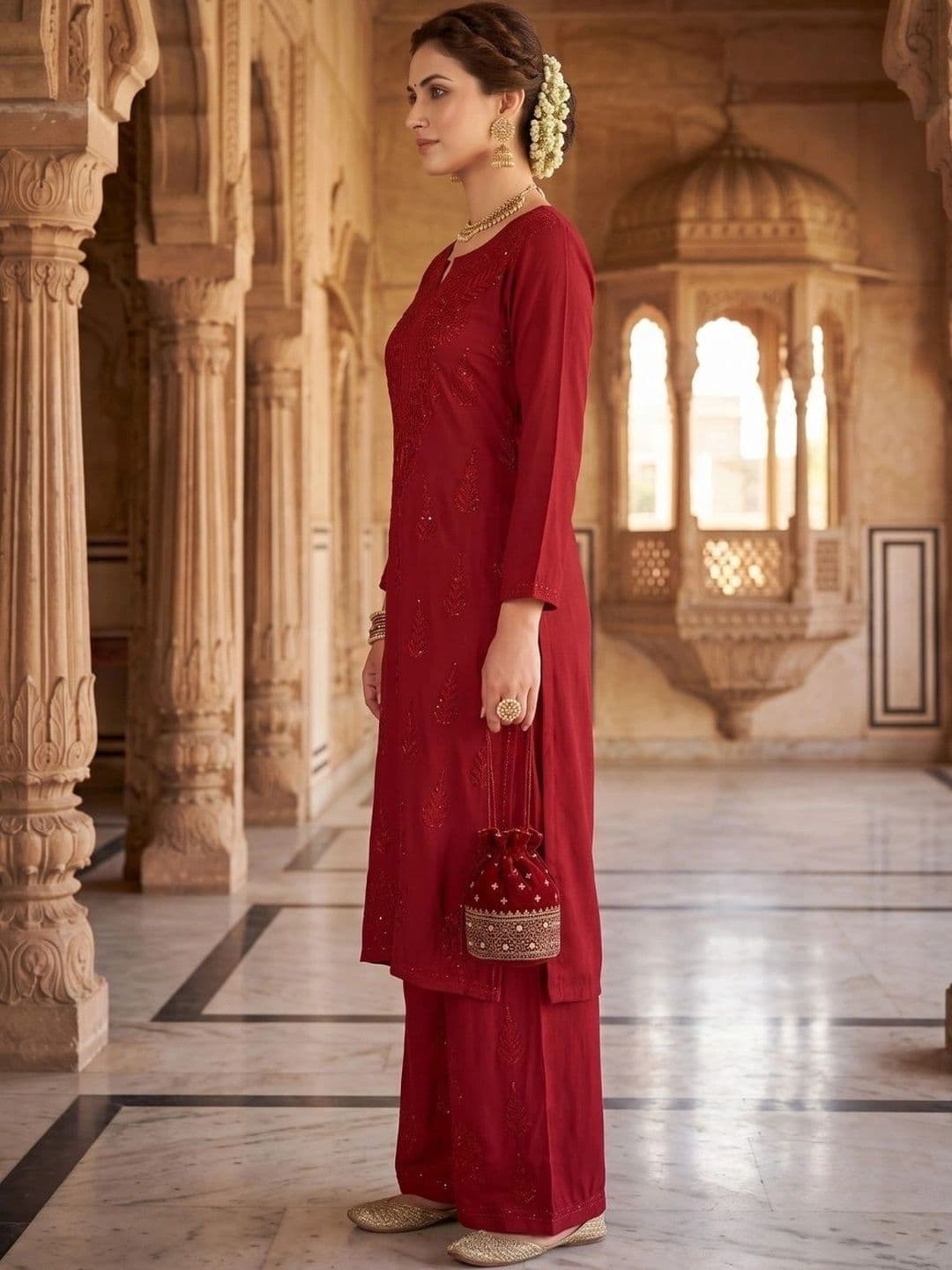 Meiraas Studios Women Ethnic Motifs Embroidered Regular Thread Work Kurta with Palazzos thumbnail 3