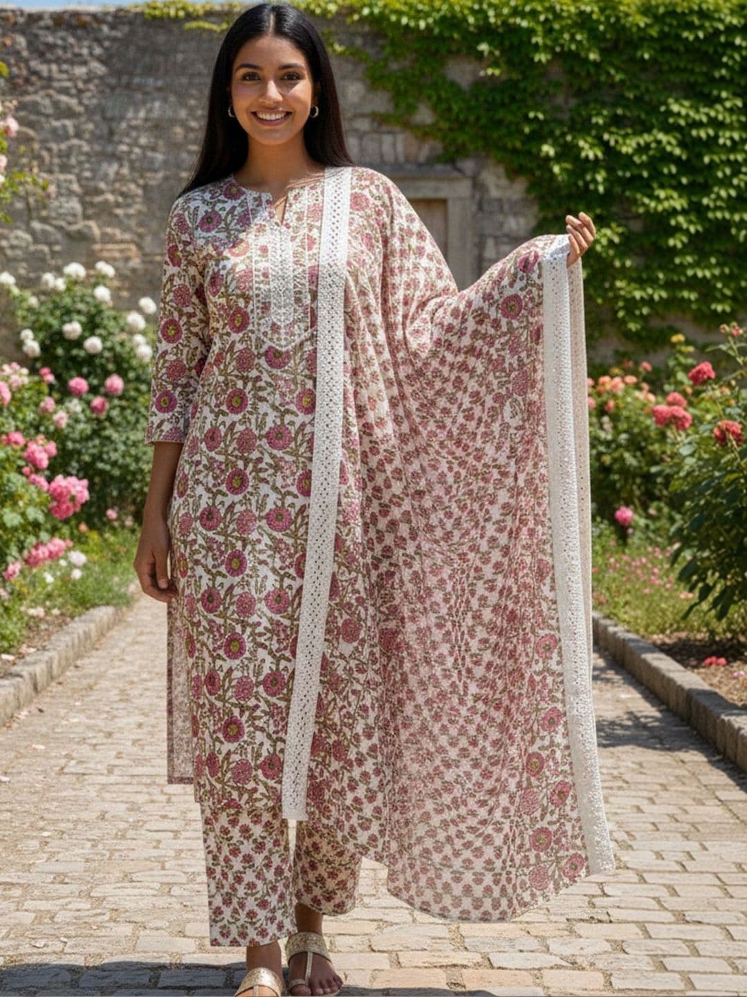 Varanga Women Floral Printed Regular Pure Cotton Kurta with Trousers & With Dupatta thumbnail 4