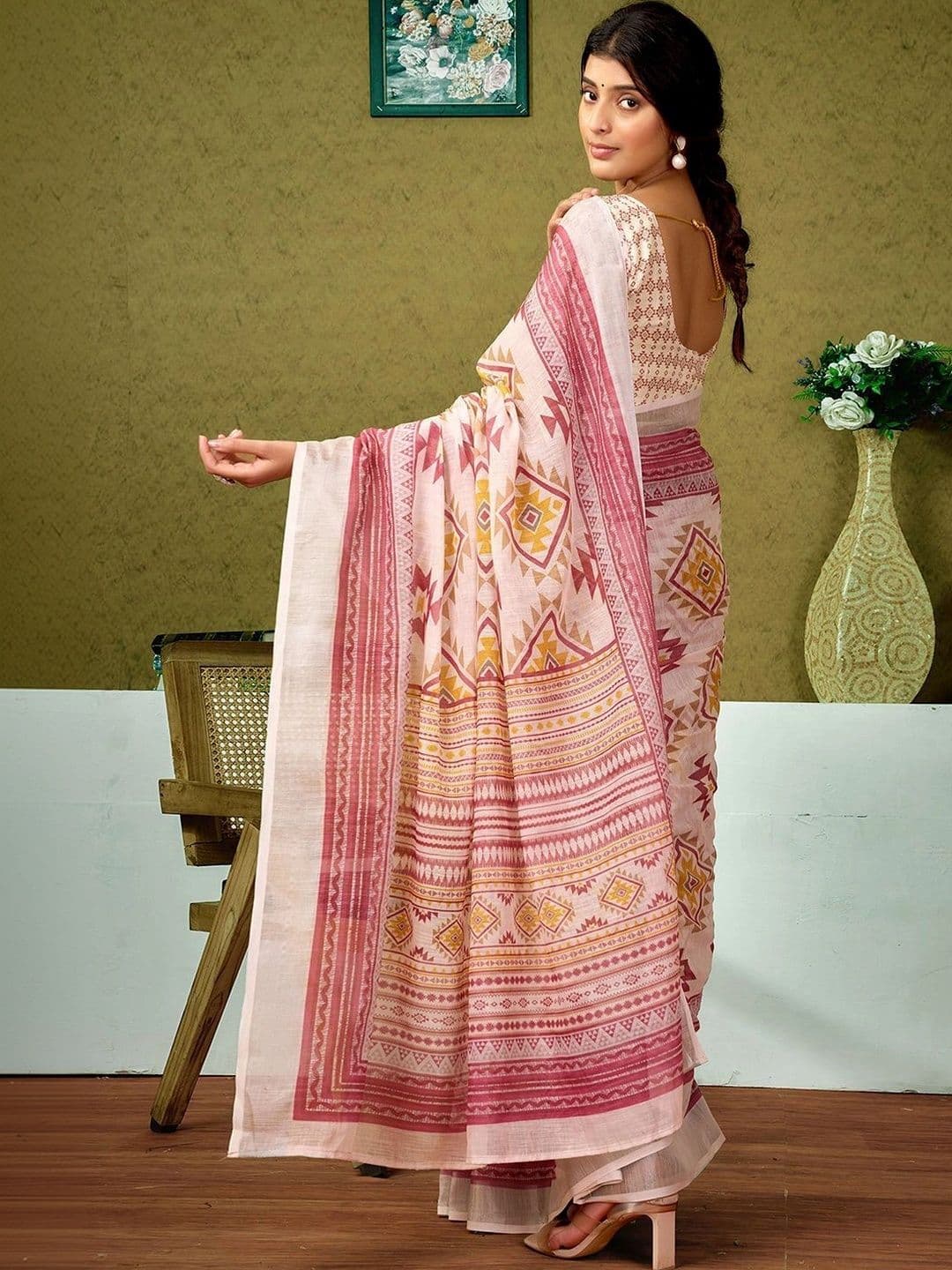 Satrani Zari Pure Linen Designer Saree thumbnail 2