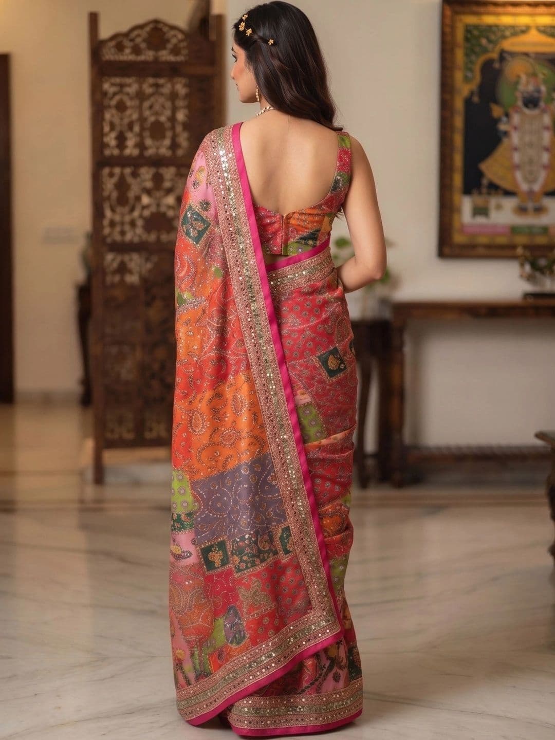 VILLE FASHION Paisley Mirror Work Art Silk Designer Saree thumbnail 3