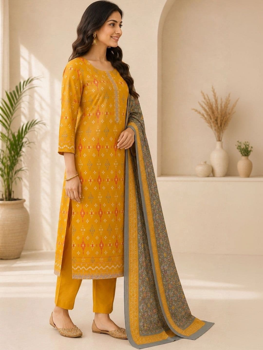 Anouk Women Ethnic Motifs Printed Regular Thread Work Pure Cotton Kurta with Trousers & With Dupatta thumbnail 7