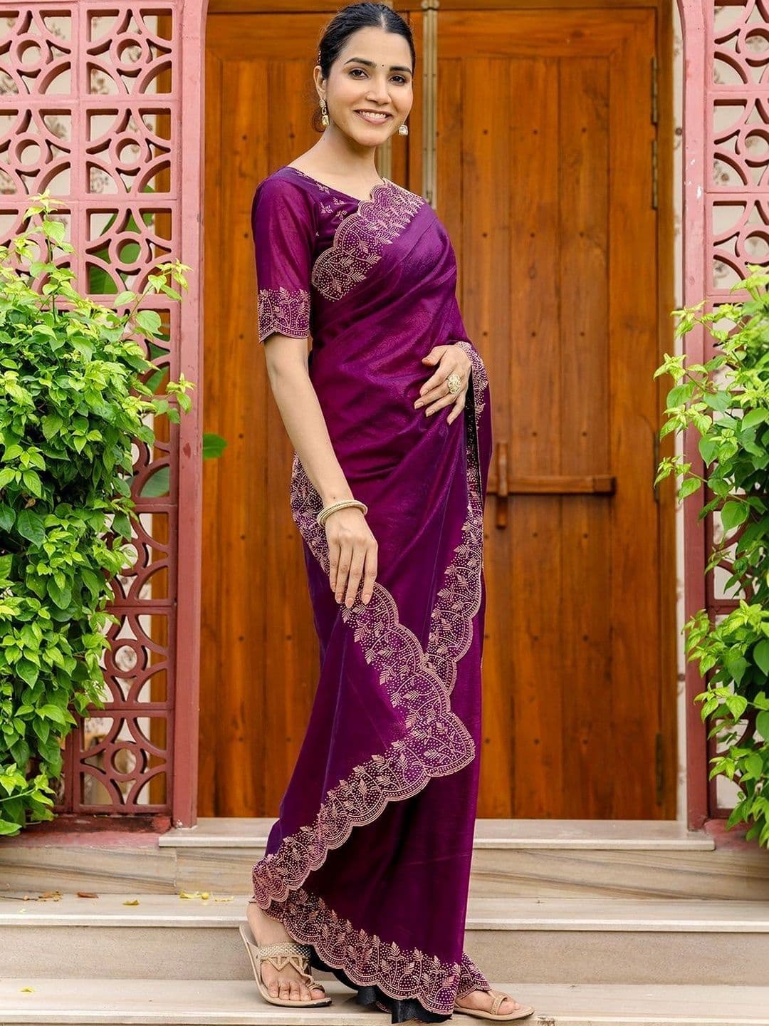 Satrani Embellished Beads and Stones Tissue Designer Saree thumbnail 3