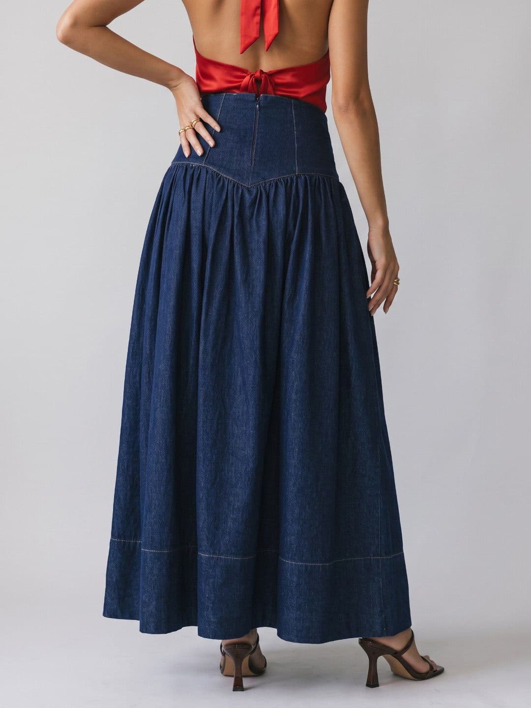 Phosphorus Navy Blue Denim Maxi A-Line Skirt thumbnail 2