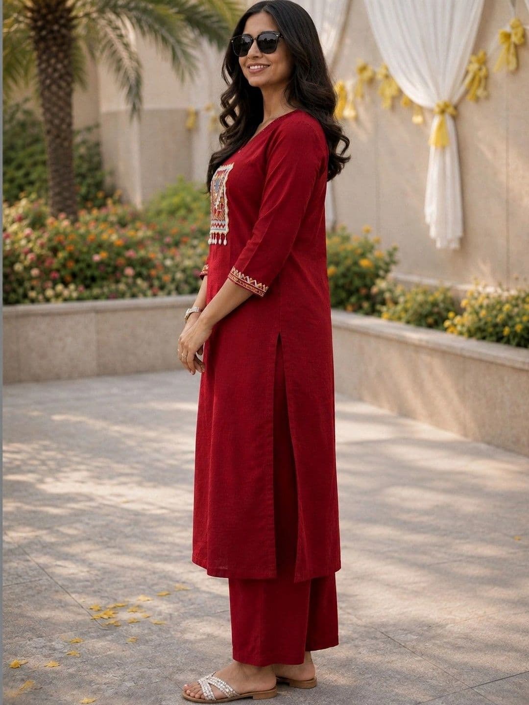Moda Rapido Women Ethnic Motifs Embroidered Regular Thread Work Pure Cotton Kurta with Palazzos thumbnail 2