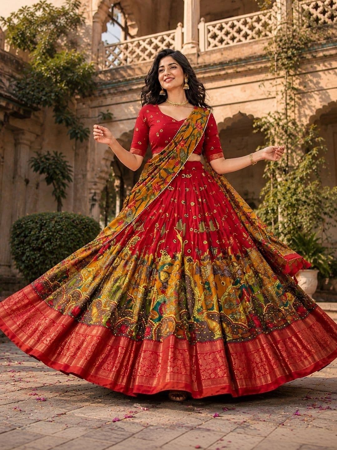 KALINI Embroidered Kalamkari Ready to Wear Lehenga & Unstitched Blouse With Dupatta - view 1
