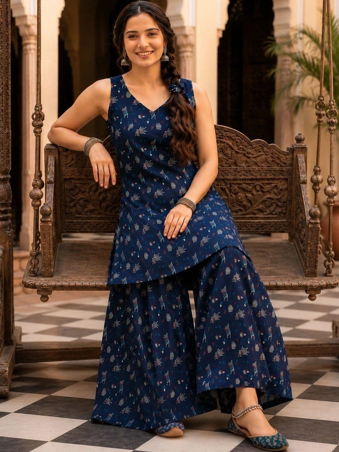 BEEGET FASHION Women Ethnic Motifs Printed Regular Kurta with Sharara thumbnail 3