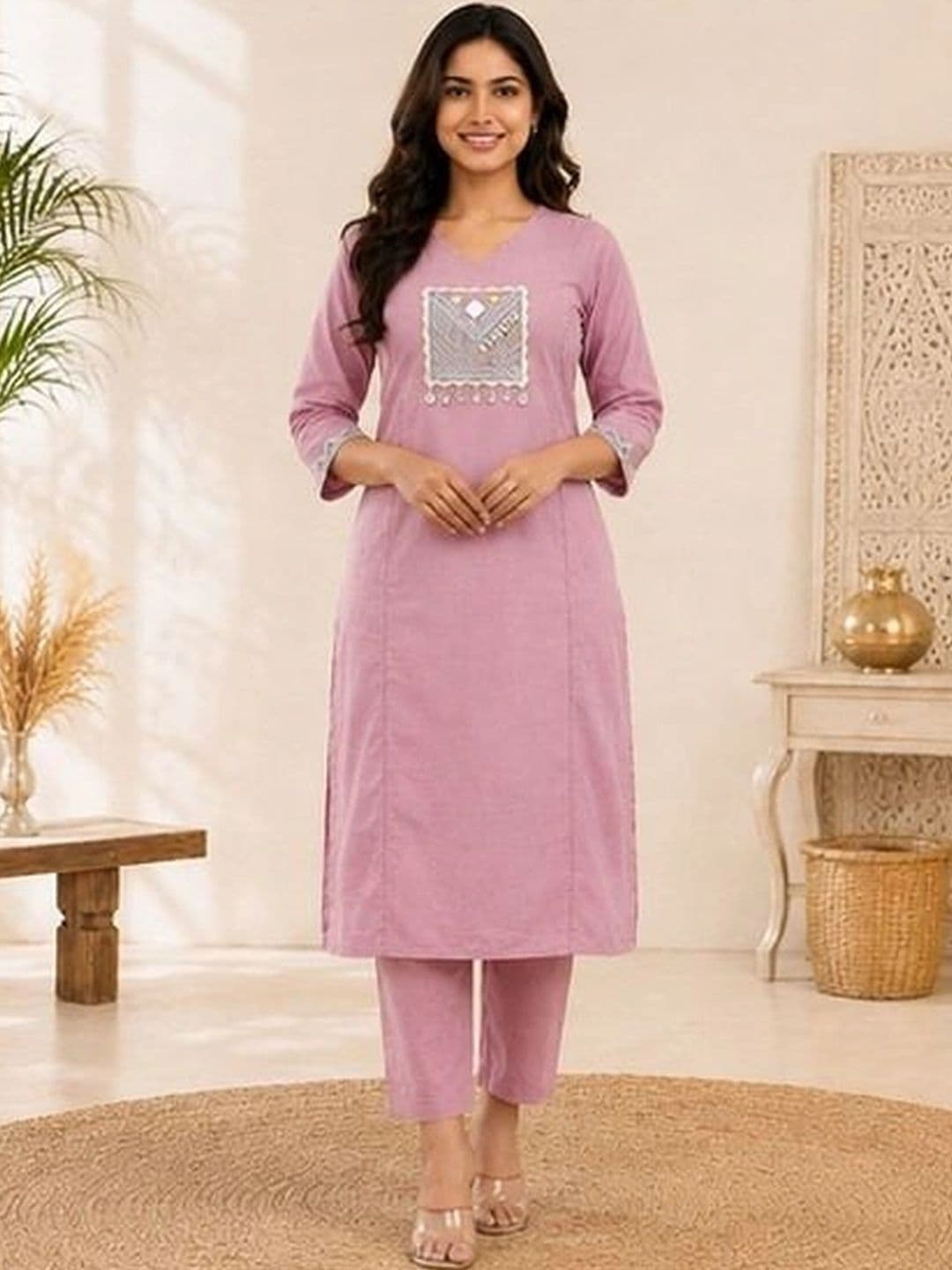 DIVASTRI Women Ethnic Motifs Embroidered Regular Mirror Work Pure Cotton Kurta with Trousers - view 1